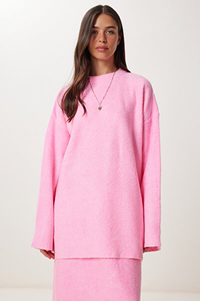 Happiness İstanbul Női rózsaszín puha textúrájú kötöttáru pulóver szoknya szett Kİ00129