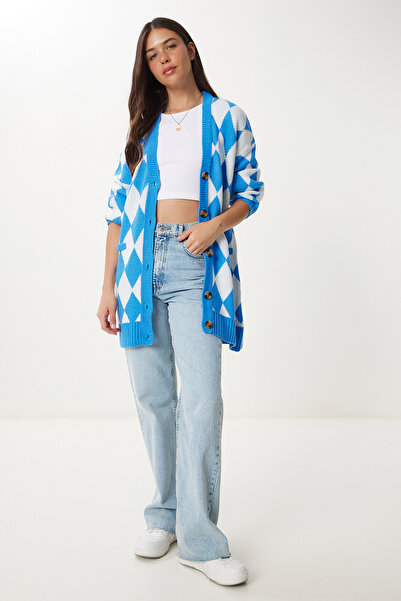 Happiness İstanbul Kadın Mavi Ekru Baklava Desenli Uzun Triko Hırka Kİ00126