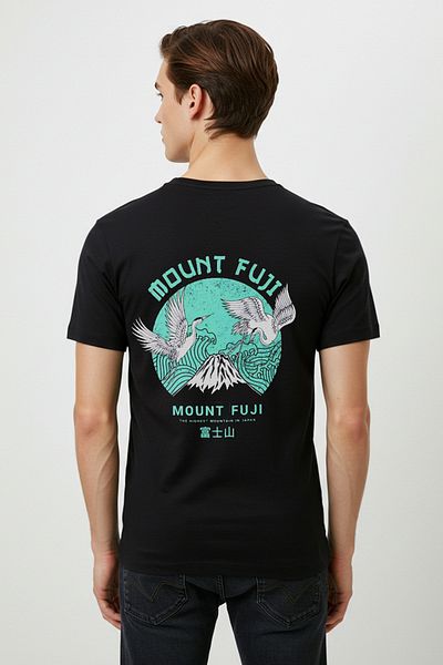 Trendyol Collection Black Slim/Fitted Mount Fuji Printed Cotton T-Shirt Tmnss25Ts00183