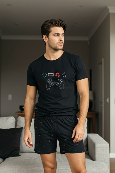 Trendyol Collection Schwarzes Pyjama-Set mit regulärem Game-Print und gestrickten Shorts TMNSS25PT00077