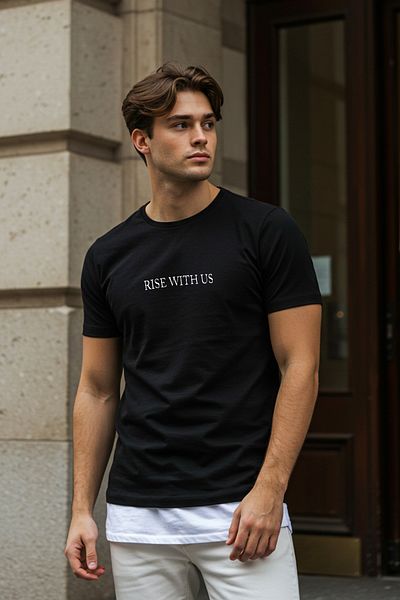 Trendyol Collection Μπλουζάκι με εμπριμέ μαύρο βαμβακερό χοντρό κόψιμο - TMNSS25TS00183