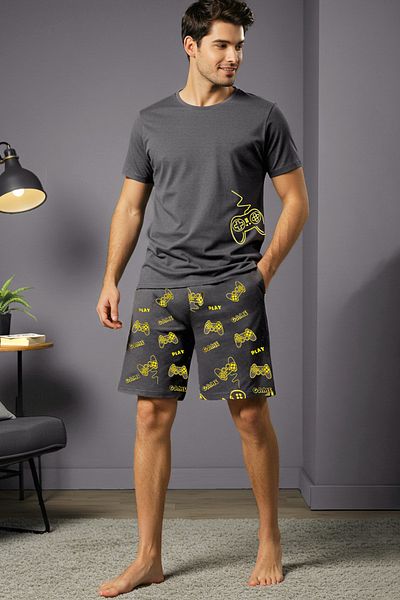 Trendyol Collection Anthracite Regular Fit Printed Shorts Pajama Set Tmnss25Pt00060