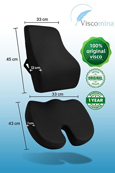 Viscomina وسادة جلوس طبية من الفيسكو 100%، وسادة ظهر طبية من الفيسكو 100%، طقم من قطعتين باللون الأسود