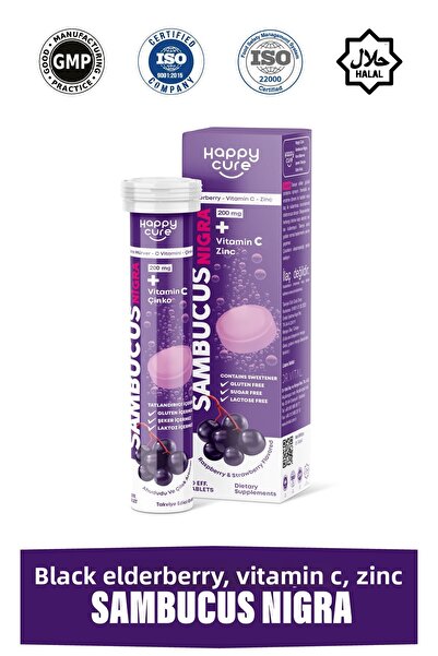 Happy Cure قرص Sambucus Nigra 20 Efervesan (بلاط أسود، فيتامين C، زنك)