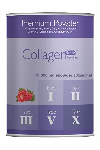 Collagen Forte Platinum علبة من مسحوق الكولاجين الفاخر - البيوتين والفيتامينات المتعددة بنكهة الفراولة - 30 كيس × 10غ
