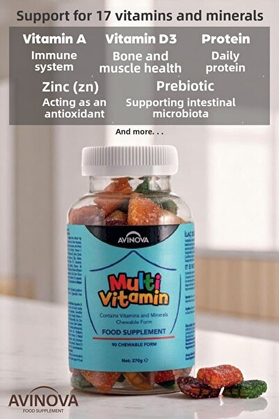 AVİNOVA فيتامينات متعددة للأطفال على شكل مضغ C، D3، فيتامينات B، الزنك والنكهة، عبوتين