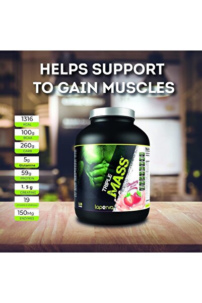 Laperva Triple Mass Gainer Protein, High Calorie Weight Gainer, Strawberry Milkshake, 6 Lb