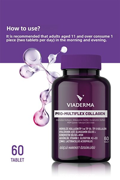 Viaderma Pro-Multiflex Collagen Tablets 60 Pieces - Type 1,2,3, with Glucosamine, Chondroitin, Zinc for Skin and Joints...
