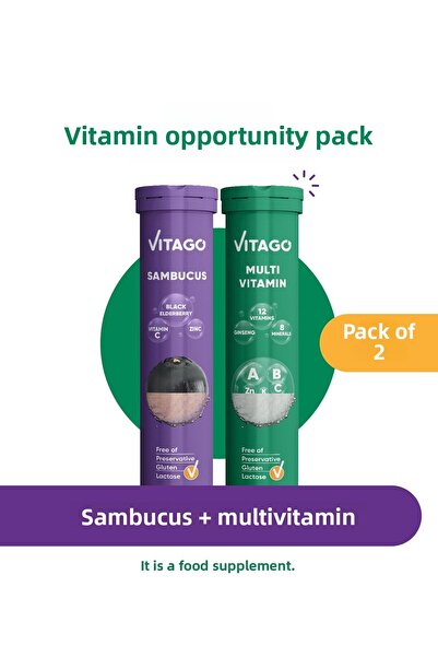 Vitago 20 قرص سامبوكوس وفيتامينات متعددة فوارة - عبوة من قطعتين