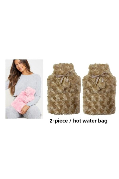 Bosphorus Warm Water Bag 2 Pcs, Pompom Thermofor Plush Beige 28X17Cm 750ml