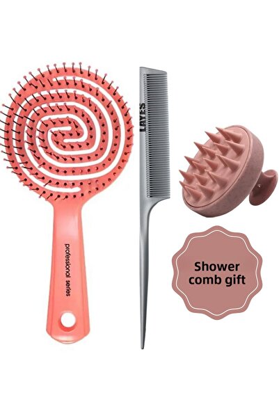 Layes Pink Pro Three-Dimensional Comb - Oval Hair Lightener Brush + Crepe Comb + Pink Shower Comb