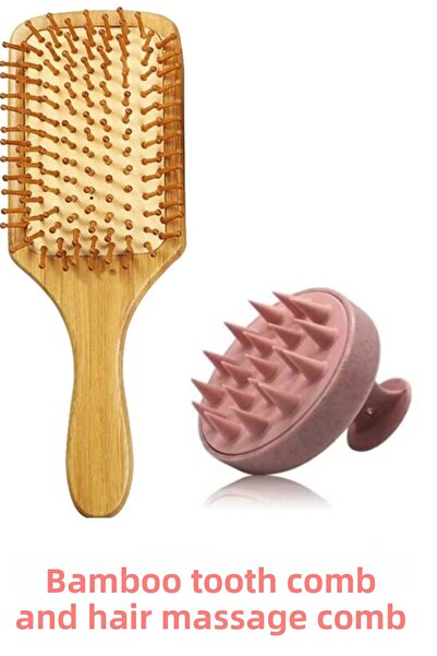 AYGÖREN HOME Set of 2 Bamboo Toothed Hair Brush and Silicone Hair Massage Comb