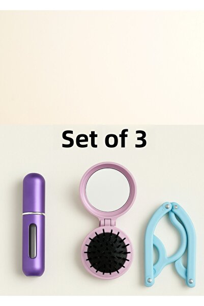 BRE HOME طقم سفر مكون من 4 قطع، مرآة جيب قابلة للطي مع مشط، زجاجة عطر، قطعتين. شماعة قابلة للطي