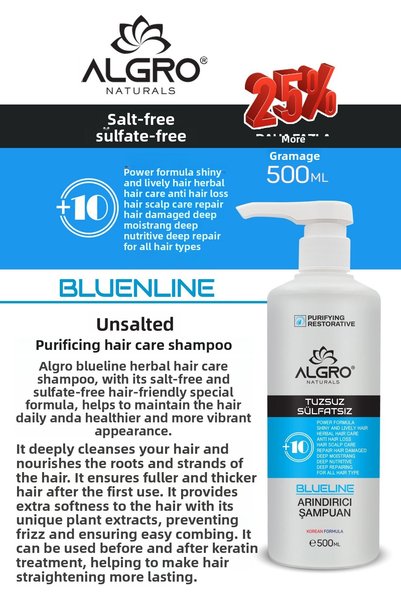 Algro Blueline Salt-Free Purifying Hair Care Shampoo Repairing Plant Extract Sulfate-Free 500 Ml.X2Pcs