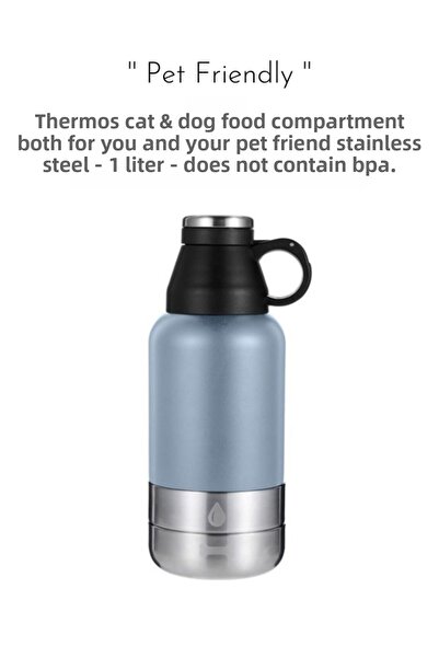 fitmart ترمس ستانلس ستيل من Pet Friendly - 1 لتر - مع حجرة طعام وماء للقطط وا...