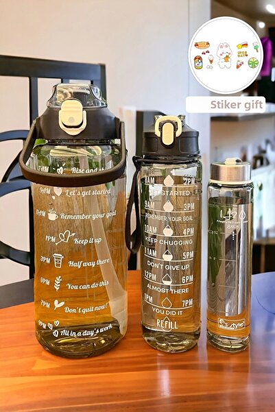 Tilbe Home 3-Piece Motivational Water Bottle Tritan Sports Water Bottle Water Bottle 2000+900+500ml Sticker Straw Water Bottle