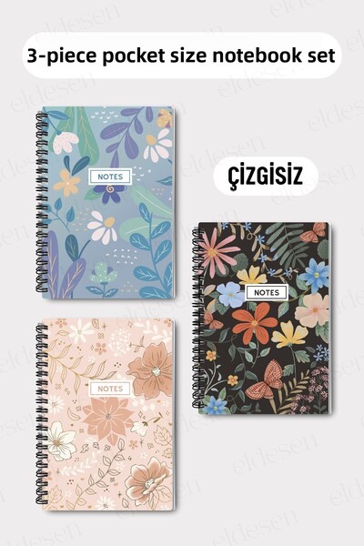 Eldesen Tasarım مجموعة من 3 دفاتر ملاحظات حلزونية مقاس A6 بدون خطوط، غطاء كرت...