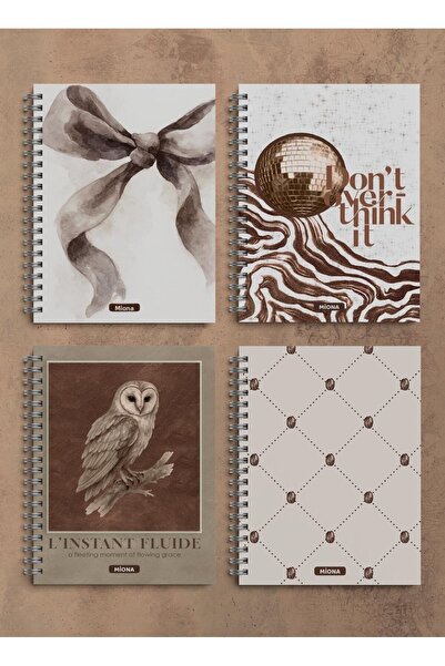 Miona A5 Sprialli School Notebook 120 Sheets Set of 4 Brown Themed 2 Squares-2 Lines, Notebook, Notebook