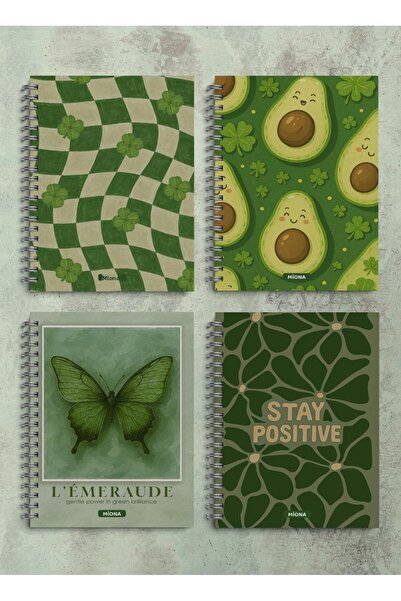 Miona دفتر مدرسي حلزوني مقاس A5، 60 ورقة، مجموعة من 4 قطع، تصميم أخضر، 2 مربعات و2 مسطر