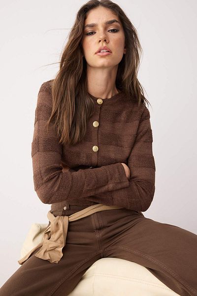 Trendyol Collection Brown Crew Neck Knitwear Cardigan Twoaw24Hi00337