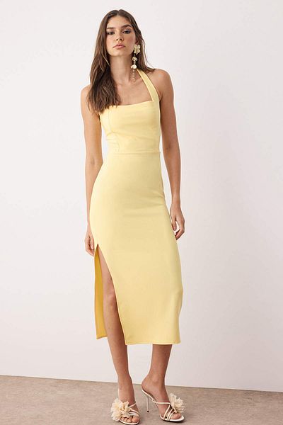 Trendyol Collection Ανοιχτό κίτρινο φόρεμα με λεπτομέρεια μίντι υφαντό TPRSS24EL00136