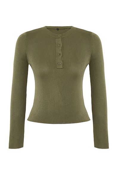 Trendyol Collection Khaki Mercerized Look Basic Buttoned Knitwear Sweater Twoaw26Kz00093