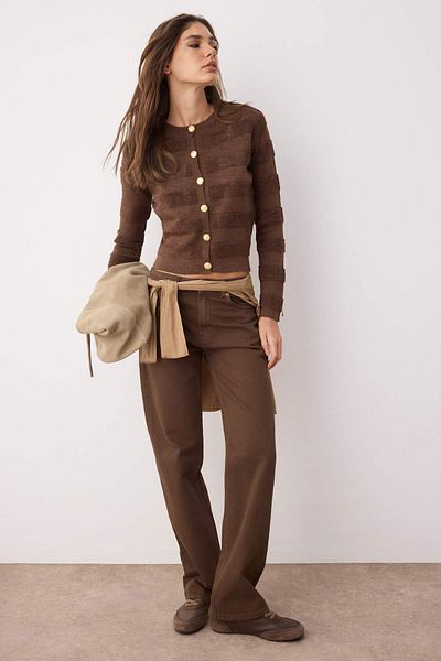 Trendyol Collection Brown Crew Neck Knitwear Cardigan Twoaw24Hi00337