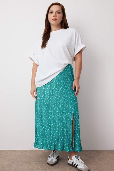 Trendyol Curve Green Floral Patterned Slit Midi Plus Size Skirt