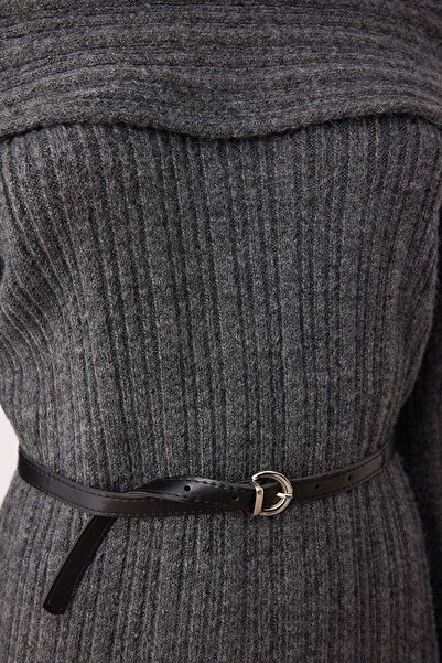 Trendyol Collection Anthracite Plain Mini Soft Texture Carmen Collar Knitwear Dress Twoaw26El00012