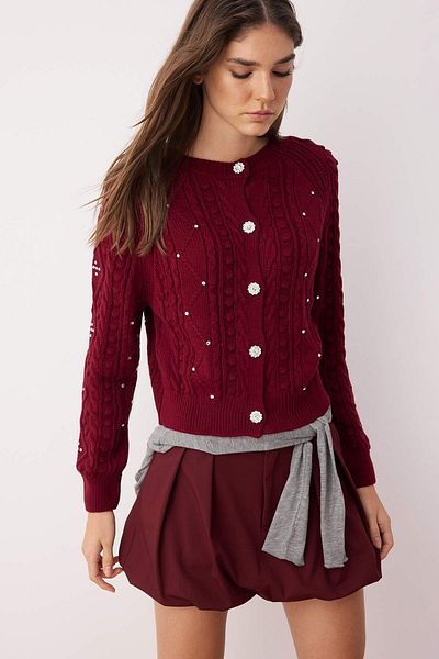 Trendyol Collection Pulover-Cardigan din tricotaj cu două fețe bordeaux TWOAW24KZ00144