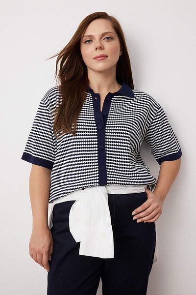 Trendyol Curve Μπλούζα πλεκτή με ριγέ γιακά πόλο Navy Blue TBBSS25AF00115