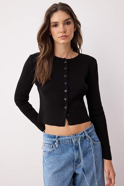 Trendyol Collection Black*001-Ecru Crop Color Block-Solid 2-Piece Knitwear Cardigan Twoaw26Hi00127