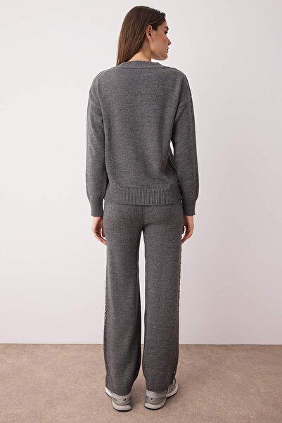 Trendyol Collection Anthracite Wide Fit Stone Detailed Knitwear Bottom-Top Set Twoaw24Au00008