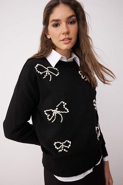 Trendyol Collection Black Pearl Bow Pattern Knitwear Sweater Twoaw26Kz00033
