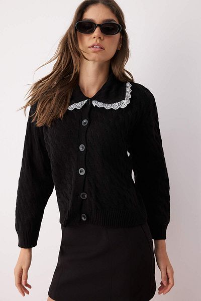 Trendyol Collection Black Collar Lace Garnish Hair Knit Polo Collar Knitwear Cardigan Twoaw26Hi00057