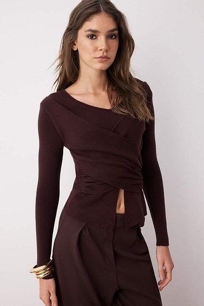 Trendyol Collection Кафяв пуловер от първокласна/специална прежда с прилепнал/драпирано трикотажно изделие TWOAW26KZ00061