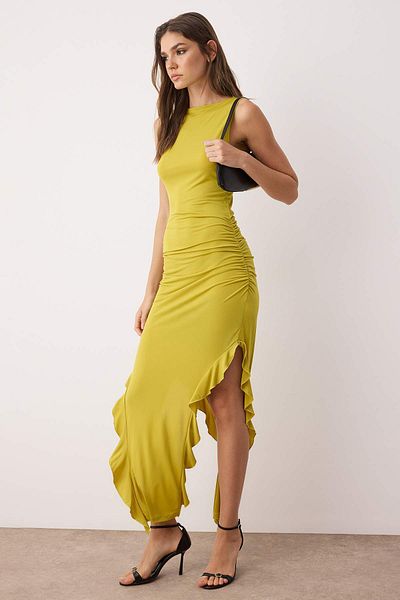 Trendyol Collection Oil Green Bodycone Μηδενικό μανίκι με σχισμή βολάν Λεπτομερές ελαστικό μάξι μολύβι φόρεμα TWOSS24EL00688