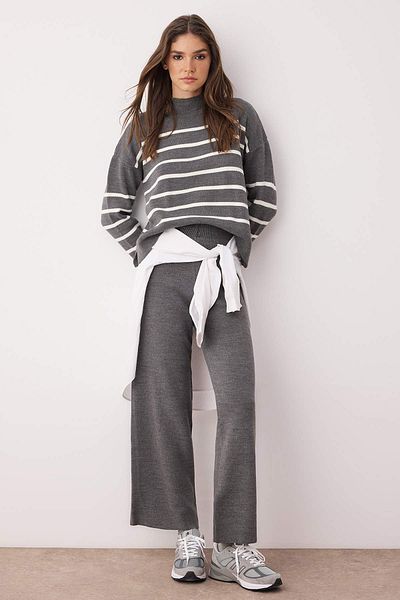 Trendyol Collection Gray Striped Knitwear Pants Knitwear Bottom-Top Suit Twoaw24Au00045