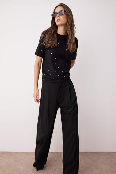 Trendyol Collection Pulover de tricotaj cu fir premium negru/fir special detaliat de prelucrare a pietrei TWOAW26KZ00059