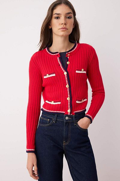 Trendyol Collection Red Crop Color Block Jacket Look Knitwear Cardigan Twoaw23Hi00550
