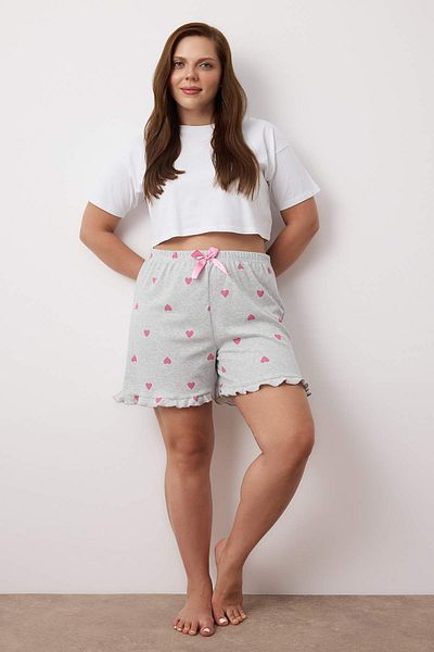 Trendyol Curve Grey-Lilac Heart Pattern Ruffle 2 Pack Camisole Knitted Pajama Bottoms Tbbss25Ia00007