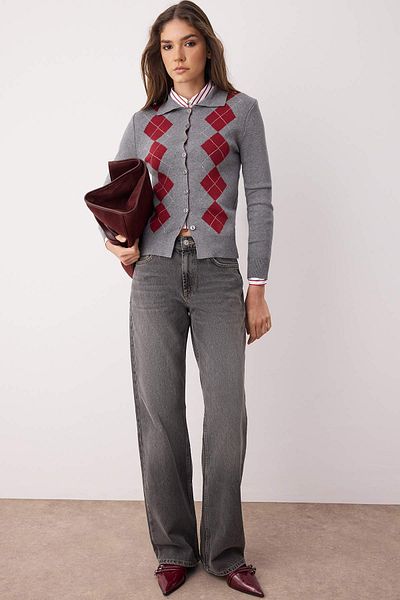 Trendyol Collection Gray Mercerized Look Premium/Special Yarn Argyle Polo Neck Knitwear Cardigan Twoaw26Hi00045