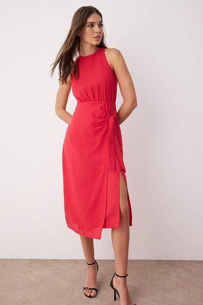 Trendyol Collection Red Straight Tie Detail Midi Woven Dress Twoss25El00777