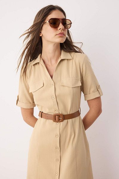 Trendyol Collection Плетена рокля от норка с колан, обикновен джоб и детайли, миди кройка TWOSS25EL00704