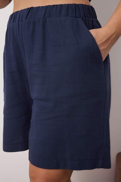 Trendyol Curve Navy Blue Lace-Up Woven Large Size Blouse & Shorts Bottom - Top Set Tbbss25Cp00028