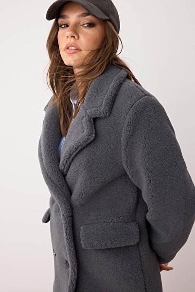 Trendyol Collection Anthracite Fur Double Breasted Regular Long Plush Coat Twoaw26Kb00020