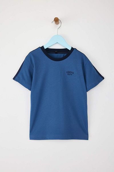 TRENDYOLKIDS Indigo Boy's 100% Cotton Slogan Embroidered Piping Detail Short Sleeve Knitted T-Shirt Tkdss25Ts00100