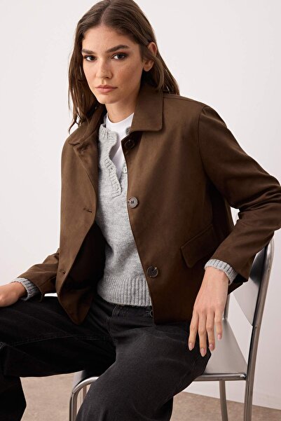 Trendyol Collection Καφέ κανονική εφαρμογή Suede Slim Jacket TWOAW26MO00115