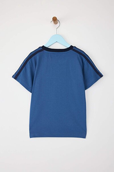 TRENDYOLKIDS Indigo Boy's 100% Cotton Slogan Embroidered Piping Detail Short Sleeve Knitted T-Shirt Tkdss25Ts00100