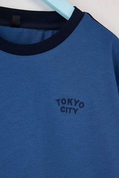 TRENDYOLKIDS Indigo Boy's 100% Cotton Slogan Embroidered Piping Detail Short Sleeve Knitted T-Shirt Tkdss25Ts00100
